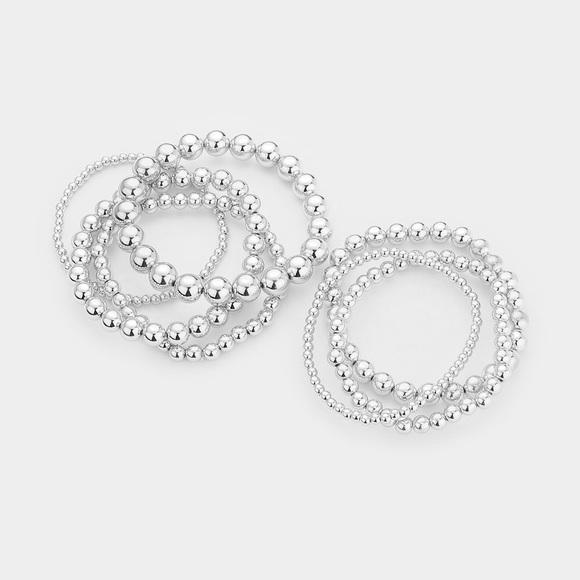 7 Pc Silver Stretch Mix Metal Chain Ball Bracelet - Picture 2 of 4
